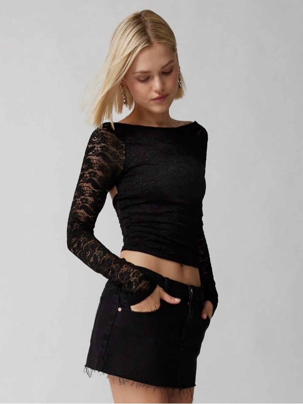 URBAN OUTFITTERS Semi Sheer Lace Long Sleeve Top - Black (L) - Picture 7 of 9